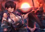  arrow blush bow_(weapon) breasts brown_eyes brown_hair cleavage highres japanese_clothes kaga_(aircraft_carrier) kaga_(kantai_collection) kantai_collection large_breasts looking_at_viewer object_namesake side_ponytail silly_(marinkomoe) solo sunrise thighhighs water weapon 