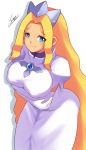  arms_under_breasts blonde_hair blue_eyes blush breast_hold breasts covered_nipples crossed_arms dress elbow_gloves erect_nipples female gloves highres large_breasts leaning_forward long_hair princess princess_pride puffy_sleeves rockman rockman_exe shoutaro_saito signature simple_background smile solo tiara very_long_hair white_background white_dress white_gloves 