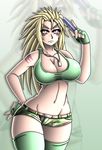  blonde_hair blush breasts cleavage comb dog_tags fingerless_gloves genderswap genderswap_(mtf) gloves green_legwear guile highres large_breasts long_hair midriff navel shirt short_shorts shorts slender_waist solo street_fighter takilmar tank_top taut_clothes taut_shirt thighhighs 