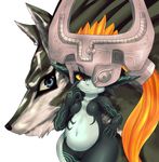  animal bad_id bad_tumblr_id blue_eyes breasts ear_piercing fang hand_on_hip helmet highres imp link link_(wolf) long_hair mato_spectoru midna navel no_nipples one_eye_covered piercing pointy_ears small_breasts the_legend_of_zelda the_legend_of_zelda:_twilight_princess wide_hips wolf yellow_sclera 