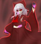  armpits ascot black_sclera bow dark_persona detached_sleeves evil_grin evil_smile frilled_shirt_collar frills glowing glowing_eyes grin hair_bow hair_tubes hakurei_reimu large_bow long_skirt m.u.g.e.n maga-reimu navel ofuda outline red_eyes ribbon-trimmed_sleeves ribbon_trim skirt skirt_set smile solo teoi_(good_chaos) touhou vest white_hair wide_sleeves 