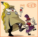  1boy 1girl big_band cybord cyborg dress gloves grin hat horn_(instrument) instrument peacock_(skullgirls) red_eyes ribbon saxophone skullgirls smile sxaphone teeth top_hat trench_coat trenchcoat 