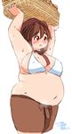  2014 ahoge armpits ascot bad_id bad_pixiv_id banned_artist basket big_belly bikini_top blush bread breasts brown_hair carrying_overhead chef_uniform covered_nipples dated eno_konoe eyebrows fat food hat large_breasts looking_afar mikomu navel open_mouth original red_eyes shirt_removed signature skirt solo sweat thick_eyebrows 
