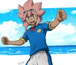  black_eyes dark_skin dark_skinned_male goggles goggles_on_head inazuma_eleven inazuma_eleven_(series) inazuma_japan lightning_bolt male_focus mizuhara_aki open_mouth soccer_uniform solo sportswear tsunami_jousuke white_background 