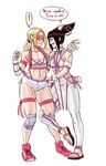  2girls alternate_costume armband bad_id bad_tumblr_id black_hair blonde_hair breasts diepod drill_hair elbow_pads english grin han_juri highres leg_hug long_hair medium_breasts midriff multiple_girls nina_williams ponytail sandals shoes short_shorts shorts smile sneakers sportswear street_fighter street_fighter_x_tekken sunglasses tekken twin_drills wrist_cuffs you_gonna_get_raped yuri 