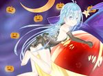  bare_legs bare_shoulders barefoot blue_eyes blue_hair crescent_moon denpa_onna_to_seishun_otoko dress elbow_gloves feet gloves halloween hat long_hair lutecia_syndrome moon one_eye_closed pumpkin ribbon sky smile soles solo space star star_(sky) toes touwa_erio ufo very_long_hair 