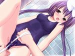  1girl animated animated_gif blush crotch_rub flossing long_hair lying on_back open_mouth purple_eyes purple_hair school_swimsuit string swimsuit thighs twintails wiping 