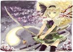  acrylic_paint_(medium) ascot bad_id bad_pixiv_id black_hairband bow branch cherry_blossoms cowboy_shot dual_wielding full_moon green_eyes hair_bow hairband holding ink_(medium) katana keiko_(mitakarawa) konpaku_youmu konpaku_youmu_(ghost) looking_at_viewer moon moonlight night scabbard sheath short_hair skirt skirt_set sky solo sword thighhighs touhou traditional_media tree weapon zettai_ryouiki 