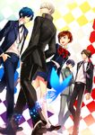  4boys black_hair blue_eyes blue_hair brown_hair bug butterfly crossed_arms earphones female_protagonist_(persona_3) grey_eyes grey_hair hair_ornament hair_over_one_eye hand_in_pocket houndstooth insect multiple_boys narukami_yuu necktie persona persona_1 persona_2 persona_3 persona_3_portable persona_4 red_eyes ribbon saeuchobab school_uniform short_ponytail skirt st._hermelin_school_uniform suou_tatsuya toudou_naoya yuuki_makoto 