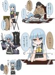  1girl :&lt; admiral_(kantai_collection) animal_ears belt blouse blue_eyes blue_hair broken cat_ears cat_tail chair check_commentary check_translation commentary commentary_request desk folding_chair glasses gloves grey_skirt hand_on_own_cheek hatsukaze_(kantai_collection) head_rest highres jitome kantai_collection kemonomimi_mode kneehighs long_hair looking_at_viewer lying machinery newspaper omochi_(433purupuru) open_mouth school_uniform semi-rimless_eyewear shaded_face short_hair short_sleeves sitting skirt smoke tail torn_clothes torn_skirt torn_vest torpedo translation_request tsundere turret under-rim_eyewear vest white_blouse white_gloves white_legwear 