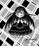  akemi_homura black_hair chibi closed_eyes crying dress funeral_dress greyscale hairband long_hair mahou_shoujo_madoka_magica mahou_shoujo_madoka_magica_movie mistery monochrome signature simple_background solo spoilers 