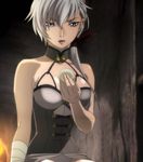  alka blade_&amp;_soul breasts collarbone food highres large_breasts open_mouth purple_eyes ribbon screencap short_hair sitting solo stitched stiting white_hair 