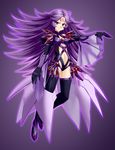  center_opening corruption floating gradient gradient_background gufreedom highres latooni_subota leotard long_hair long_sleeves looking_at_viewer machinery mechanical_wings navel outstretched_arm purple purple_background purple_eyes purple_hair smirk solo stomach super_robot_wars thighs wide_sleeves wings 