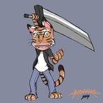  anthro buster_sword clothing feline fur looking_at_viewer male mammal masamaki open_mouth plain_background pose shirt solo standing sword tiger tongue weapon 