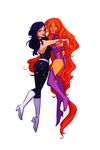  2girls alien belt black_hair boots dc_comics donna_troy flying green_eyes long_hair multiple_girls purple_shoes starfire thigh_boots thighhighs vambraces white_shoes wonder_woman_(series) 