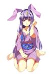  animal_ears bare_shoulders barefoot breasts bunny_ears cleavage crescent fake_animal_ears full_body hair_ornament hasebe_yuusaku japanese_clothes kimono large_breasts long_hair obi off_shoulder patchouli_knowledge purple_eyes purple_hair sash simple_background sitting solo touhou wariza white_background yukata 