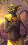 black_fur breasts cat clothed clothing cobra covering_breasts ear_piercing egyptian feline female fur gold headdress invalid_tag jewelry looking_at_viewer mammal midriff omega_lioness outside palm_tree piercing pyramid reptile scalie scarab skimpy skirt snake solo topless yellow_eyes 