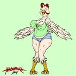  anthro avian beak bird blush breasts chicken chubby claws cute eyes_closed female happy masamaki open_mouth plain_background pose solo tongue wide_hips wings 
