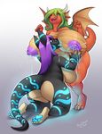 anthro big_breasts big_butt black_skin blue_pawpads blue_skin blue_tongue breast_squish breasts butt claws dragon duo eyewear female glasses green_eyes green_hair hair hindpaw huge_breasts hyper hyper_breasts kneeling lactating lesbian licking long_hair milk nails nipples nude orange_skin pawpads paws purple_hair purple_nipples reptile revadiehard scalie standing thick_thighs thighs tongue tongue_out voluptuous wings yellow_skin 