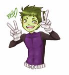  1boy beast_boy_(dc) bodysuit dc_comics garfield_logan gloves green_hair green_skin male male_focus open_mouth smile solo teen_titans v white_gloves 