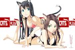  animal_ears bad_id bad_pixiv_id barefoot bikini black_hair blue_eyes brown_hair cat_ears cat_tail green_eyes kimura_(ykimu) long_hair long_legs looking_at_viewer lying multiple_girls nail_polish on_stomach original swimsuit tail toenail_polish 