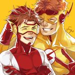  bart_allen bodysuit brown_hair crossed_arms dc_comics flash_(series) gloves goggles impulse kid_flash lightning_bolt onlyfuge orange_hair red_gloves smile v wally_west wink 