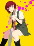  bad_id bad_pixiv_id baseball_bat blood checkered checkered_neckwear danganronpa dress freckles green_eyes grin koizumi_mahiru necktie okuragon pinafore_dress pink_blood red_hair school_uniform short_hair smile socks solo super_danganronpa_2 