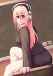  chalkboard classroom classroom_eraser deni_m desk glasses headphones highres long_hair looking_at_viewer nitroplus on_desk pantylines pink_hair red_eyes sitting sitting_on_desk skirt smile solo super_sonico teacher 