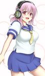  blush breasts deni_m headphones highres large_breasts miniskirt nitroplus open_mouth pink_eyes pink_hair red_eyes school_uniform serafuku short_hair short_sleeves skirt smile solo super_sonico 