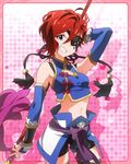  armor blue_eyes chinese_clothes cleavage_cutout crop_top eyepatch grin idolmaster idolmaster_million_live! julia_(idolmaster) looking_at_viewer midriff navel official_art polearm red_hair smile solo spear weapon 