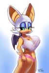  anthro areola bat big_breasts breasts clothed clothing drxsmokey erect_nipples female green_eyes hair mammal nipples rouge_the_bat sega skimpy solo sonic_(series) text white_hair 