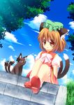  animal_ears blue_sky bow brown_eyes brown_hair cat cat_ears cat_tail chen cloud day ear_piercing grass hat jewelry kaenbyou_rin kaenbyou_rin_(cat) looking_at_viewer mob_cap multiple_tails nekomata piercing pila-pela puffy_short_sleeves puffy_sleeves red_footwear shirt shoes short_sleeves single_earring sitting sitting_on_stairs skirt skirt_set sky solo stairs tail tail_bow touhou vest 