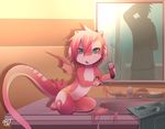  ambiguous_gender anthro bathroom blue_eyes dragon electric_razor hair haircut hi_res hoodie horn human looking_at_viewer magazine mammal mirror pink_hair ru_(rudragon) rudragon scissors sink wings 