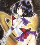  ass back_bow bishoujo_senshi_sailor_moon black_hair bow choker elbow_gloves gloves highres holding holding_staff izumo_neko leotard magical_girl no_choker object_namesake panties planet polearm purple_eyes purple_sailor_collar red_bow sailor_collar sailor_saturn sailor_senshi_uniform saturn shikishi short_hair silence_glaive solo staff tiara tomoe_hotaru underwear weapon white_gloves 