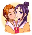  blush brown_eyes brown_hair brown_shirt eyelashes futari_wa_precure_splash_star hair_bun hair_ornament hairclip half_updo hyuuga_saki imminent_kiss jabara_tornado long_hair looking_at_viewer mishou_mai multiple_girls one_eye_closed precure purple_eyes purple_hair school_uniform serafuku shirt short_hair very_short_hair yuri yuunagi_middle_school_uniform 