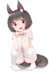  animal_ears bad_id bad_pixiv_id black_hair blush chin_rest fox_ears fox_tail highres original red_eyes rima_(rimarip) short_hair simple_background sitting solo tail white_legwear 