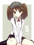  amagai_tarou bangs black_legwear black_skirt blush brown_eyes brown_hair dress_shirt flat_chest grey_background headgear kantai_collection kneehighs long_sleeves looking_at_viewer magatama pleated_skirt raised_eyebrows ryuujou_(kantai_collection) school_uniform shirt short_hair short_twintails simple_background sitting sketch skirt solo suspenders twintails twitter_username v_arms wariza white_shirt 