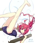  amagai_tarou barefoot i-168_(kantai_collection) kantai_collection long_hair ponytail red_eyes red_hair school_swimsuit school_uniform serafuku solo swimsuit torpedo 