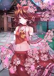  bare_shoulders bow brown_eyes brown_hair cherry_blossoms detached_sleeves frills hair_bow hair_tubes hakurei_reimu highres midriff navel petals skirt touhou wind youxuemingdie 