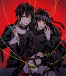  1girl azami_(kagerou_project) black_hair choker dark_konoha dark_persona facial_mark gorgon headphones kagerou_project konoha_(kagerou_project) long_hair looking_at_viewer monster_girl ponytail red_background red_eyes scales shidomura short_hair short_ponytail slit_pupils smile string yellow_eyes 