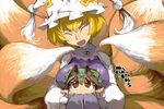  animal_ears blonde_hair breast_smother breasts brown_eyes brown_hair cat_ears chen dress fox_tail hat hug hug_from_behind large_breasts long_sleeves mob_cap multiple_girls multiple_tails open_mouth pillow_hat slit_pupils smile tabard tail touhou white_dress wide_sleeves yakumo_ran ysk! 