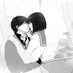  1girl black_hair blush chibi_maruko-chan closed_eyes couple curtains greyscale hetero imminent_kiss monochrome older oono_ken'ichi sakura_momoko school_uniform serafuku short_hair teenage yuzudrop 