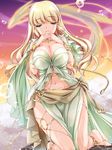  barefoot barefoot_sandals blonde_hair bracelet breast_squeeze breasts chain cleavage collarbone cuffs dragon dress dutch_angle green_dress green_eyes interlocked_fingers jewelry kneeling large_breasts long_hair moneti_(daifuku) monster navel praying restrained shackles solo tassel 