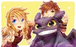  1boy 1girl astrid_hofferson blonde_hair blue_eyes brown_hair dragon green_eyes hiccup_horrendous_haddock_iii highres how_to_train_your_dragon ibahibut long_hair ponytail short_hair smile toothless 