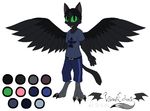  anthro avian barefoot belt black_fur black_hair cat clothing digitigrade fangs feline fur green_eyes hair hybrid invalid_tag looking_at_viewer male mammal open_mouth original_character pants plain_background shirt short_hair solo standing tongue vibrantechoes white_background wings 