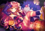  :p absurdres armpits asymmetrical_legwear blurry blurry_background candy depth_of_field detached_sleeves english eyebrows_visible_through_hair fingernails flat_chest food full_moon hair_ornament hairclip halloween hand_up happy_halloween headdress heterochromia highres ichiren_namiro jack-o'-lantern lollipop long_hair looking_at_viewer moon multicolored multicolored_nails nail_polish orange_hair original red_eyes red_ribbon ribbon smile solo striped striped_legwear stuffed_animal stuffed_bunny stuffed_toy tombstone tongue tongue_out two_side_up w yellow_eyes 