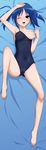  barefoot bed_sheet blue_hair breast_slip breasts brown_eyes cameltoe competition_school_swimsuit dakimakura full_body highres looking_at_viewer lying medium_breasts nipples on_back one-piece_swimsuit one_breast_out one_eye_closed original school_swimsuit short_hair smile solo sugimura_tomokazu swimsuit twintails 