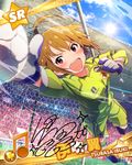  2014_fifa_world_cup ahoge artist_request ball beamed_eighth_notes card_(medium) character_name character_signature gloves goalkeeper ibuki_tsubasa idolmaster idolmaster_million_live! japan messy_hair musical_note official_art pink_eyes short_hair smile soccer soccer_ball soccer_uniform solo sportswear world_cup 