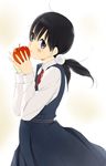  apple black_hair blue_eyes food fruit kitashirakawa_tamako kuuyuu long_hair low_twintails school_uniform tamako_market twintails 