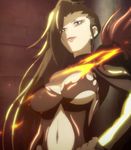  black_hair blade_&amp;_soul breasts cleavage highres large_breasts long_hair ran_yu_(blade_and_soul) red_eyes screencap smile solo standing stitched underboob 